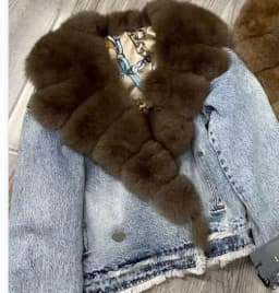Denim Coat with Real Large Fox Fur Collar for Women, Furry Jacket, Fluffy Suit, Luxurious Brown and Yellow Coat, Winter Fashion