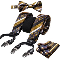 Burgundy Black White  Mens Suspender Adjustable 6 Clips Jacquard Braces Bowtie Hanky Cufflinks Set Silver Gold