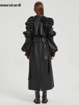 Mauroicardi Spring Extra Long Black Ruffled Soft Faux Leather Coat Women Belt Elegant Chic Luxury Designer Clothes Overcoat 2025