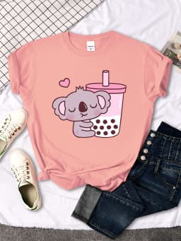 Koala Like Drink Milk Tea Cute Print T-Shirt Womans Kawaii Cartoon Graphic Clothes Womens Oversize Harajuku Funny Girls Tshirts