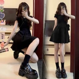 Petite Black Dress High-End Knit Spring Summer Cinched Waist A-Line Slimming O-Neck Short Sleeve Mini Stylish for Junior Ladies