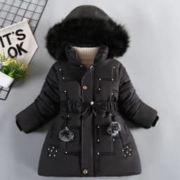 2024 New Winter Keep Warm Girls Jacket Waist Belt Design Detachable Hat Lining Plush Hooded Heavy Coat For Kids
