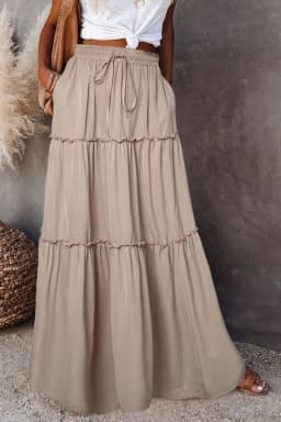 Women's Spring Autumn New Long Skirt Solid Color Fashionable Mushroom Layered Skirt High Waist Elastic Ruffle Skirt