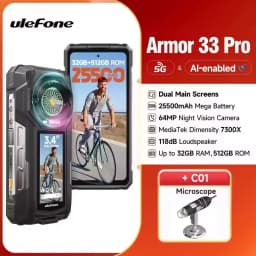 Ulefone Armor 33 Pro Rugged Phone 5G Dual Screen 6.95" 120Hz 16GB+512GB 25500mAh Battery 66W 64MP Night Vision NFC Smartphone
