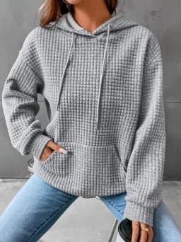 Women's Thick Waffle Knit Crew Neck Sweatshirt with Pocket – Solid Color Hip Length Winter Hoodie for Women's Winter Clothing