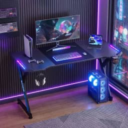 Gaming Desk with RGB LED Lights, Carbon Fiber Surface Gaming Table, Y‑Shaped Game Computer Desk with Cup Holder & Headphone Hook, Adjustable Leveling Feet for Home Office Gaming Room