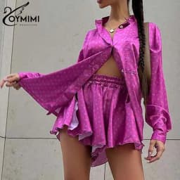 Oymimi Elegant White Print Sets For Women 2 Pieces Fashion Lapel Long Sleeve Button Shirts And High Waisted Side Slit Shorts Set