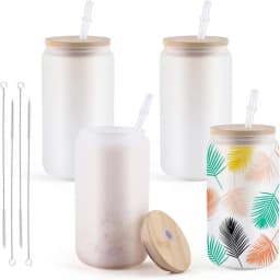 HTVRONT 8/4 Pack 16OZ Clear/Frosted Glass Sublimation Tumblers with Bamboo Lid Sublimate Tumbler Blanks DIY for Iced Coffee Cups