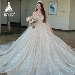 Aurora Customized Elegant Luxury Long Sleeve Dubai Wedding Dress Ball Gown Sequined Beading Illusion Saudi Arabic Bridal Gown