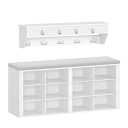 Coat Rack with Bench, Shoe Bench with Seat, Entrance Bench 30 x 104 x 49 cm, Wall Coat Rack with 9 Hooks, White-gray
