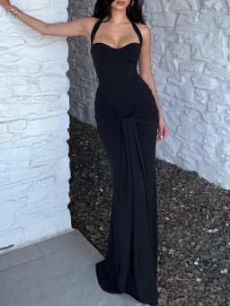 Dulzura Women'S Sexy Backless Ruched Lace Up Halter Long Dress Solid Elegant Slim Fit Evening Dress Birthday Party Prom Clothes