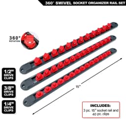 Premium Quality 360° Swivel ABS Socket Organizer Holder 1/4' 3/8' 1/2' Socket Clip Rail Tools Blue & Red