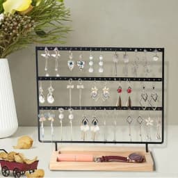 3-Tier Earring Organizer 75 Holes Jewelry Display Stand Metal Earring Holder with Wood Base Necklace Holder