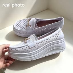 Soft Thick Bottom Height Increase White Loafers Women 2026 Summer Hollow Out Wedge Heel Pumps Women's Comfortable Nursing Shoes