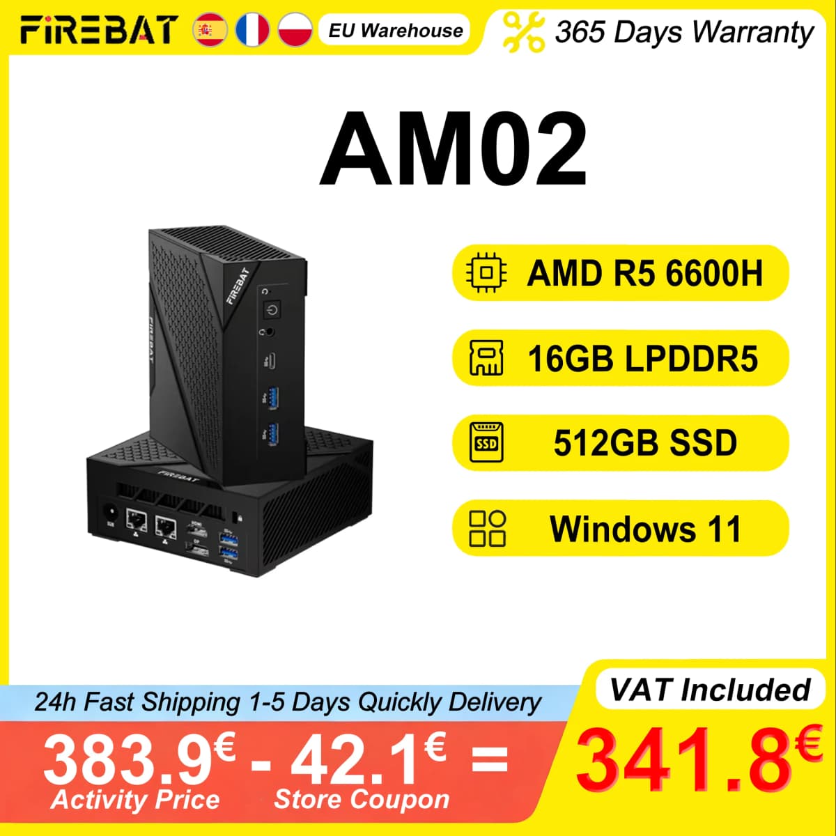 FIREBAT AM02 MINI PC AMD Ryzen 5 6600H LPDDR5 16GB RAM 512GB SSD Windows 11 WIFI6 Bluetooth5.2 HDMI 6 Cores 12 Threads