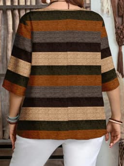 Plus Size Women Striped Print Blouse 3/4 Sleeve V‑Neck Button Decor Elastic Fabric Casual Ladies Tops