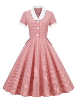 Tonval Shawl Collar Button Up Vintage Robe Plaid Long Dress Evening Elegant for Women Short Sleeve Pockets A-Line Dresses