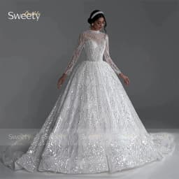 Fully Beaded Wedding Dress Beading With Ball Gown Glitter High-Neck Full Sleeve Customized Bride Dress Button Vestido De Novia