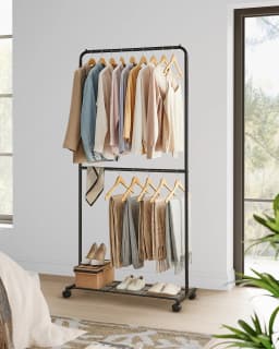 SONGMICS Clothes Rack, Double-Rod Clothes Rail on Wheels, Metal Clothing rail for Bedroom, 91 cm Long Hanging Rail