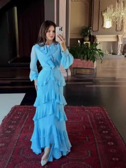 Elegant Solid Layered Ruffle Long Dress Women O Neck Long Sleeve Belt Chiffon Maxi Dress Autumn Wedding Guest Evening Party Robe