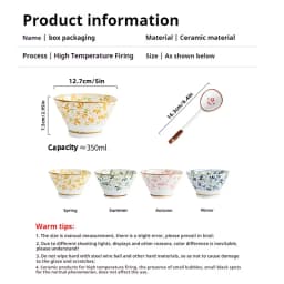 Ceramic Hat-shaped Bowl Spoon Set,Four Seasons Floral Pattern,Oven Microwave Safe, Noodles Salad Soup Dessert Hot Pot Picnic BBQ