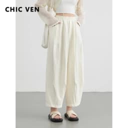 CHIC VEN Fashion Women White Pants Solid Casual Elastic Waist High Waisted Pleated Wide Leg Ladies Trousers Folded Summer 2026