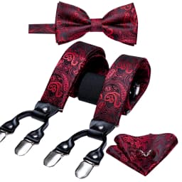 Burgundy Black White  Mens Suspender Adjustable 6 Clips Jacquard Braces Bowtie Hanky Cufflinks Set Silver Gold