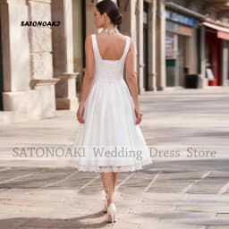 Customized Elegant Ivory V-Neck Satin Lace Short Wedding Dress for Women Tea Length Lace-up Pleat Bride Gown Vestidos De Novia