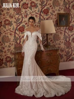 Julia Kui Custom Made Vintage Lace Satin 2 In 1 Mermaid Wedding Dresses Shiny Beaded Pearls Applique Beauty Trumpet Bridal Gowns