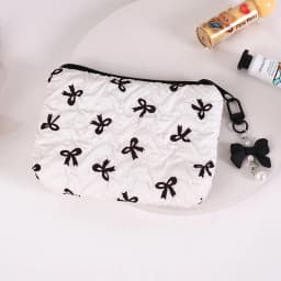 Quilted Bow Makeup Bag, Portable Travel Pouch for Lipstick, Earphones, and Small Items, Exquisite Handheld Clutch
