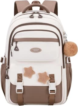 Primary Middle School Backpack for Girls Cute Backpack for School Pink School Bag for Teen Girls with Star Pins Furry Pendant
