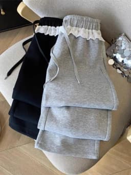 Korean Fashion Solid Pants Female Gray Lace Patchwork Sweatpants Women High Waist Casual Loose Trousers Elegant Wide Leg Pants