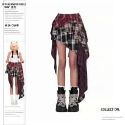 Y2K Women's Skirt Irregular Plaid Patchwork Summer Spice Girl Design A-line Skirt Trendy Pleated Streetwear Harajuku HCO2