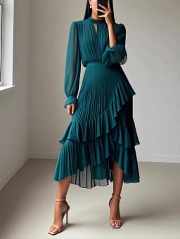 LGRQ 2026 Summer New Solid Color High Waist Dress With Ruffled Hem And Pleats Mid-Length Party Evening Gown