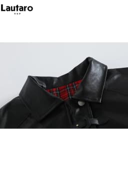 Lautaro-Plaid Patchwork Pu Leather Jacket for Women, Oversized, Soft, Reversible, Long Sleeve, Luxury Designer Clothing, Spring