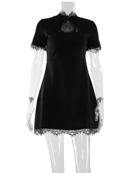 Lace Patchwork Hollow Out Bodycon Sheath High Collar Women Dresses Half Sleeves Outfits Sexy Club Fashion Female Mini Vestidos