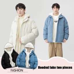 Man Winter Jacket Loose-fit Thickened Warm Cotton Coat Fleece Hood Men Trendy Cotton Padded Jacket Fake Two-piece Pink Couple