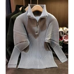 Miyake Pleated Sweatshirt Pit Stripe Zipper Standing Collar Jacket Women 2025 New Casual Pullover Hundred Pleat Skinny Tops