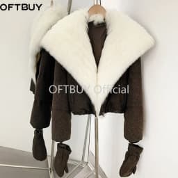 OFTBUY Duck Down Coat with Matching Gloves New Winter Warm Outerwear with Real Fox Fur Women Luxury Wool Blend Puffer Jacket