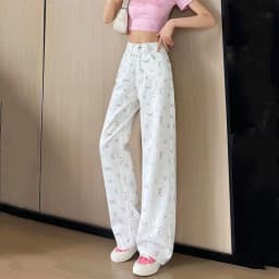 Broken Flower Straight Jeans Women's Spring Summer New Thin Loose Cover Casual Wide Leg Wide Leg Pants High Waist Female Jeans