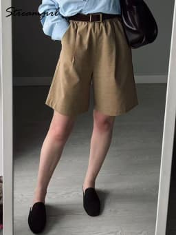 Summer White Bermuda Shorts For Women Loose A Line Lyocell Long Shorts Baggy Lady High Waist Women's Navy Wide Leg Shorts Cotton
