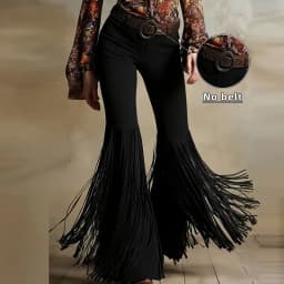 Vintage Solid Suede Splicing Tassel Pants Woman 2026 Spring High Waist Slim Flared Trousers New Autumn Casual Straight-leg Pants
