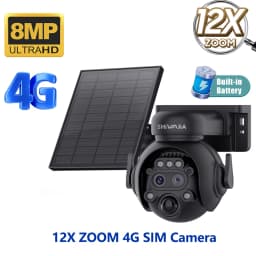 SHIWOJIA 12X Zoom 4G LTE Solar Security Camera 8MP Night Vision Dual-Lens Outdoor WiFi Solar Battery Camera PIR Human Detection