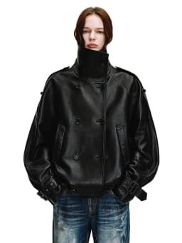 Lautaro Spring Autumn Cool Handsome Oversized Black Pu Leather Jackets for Women Double Breasted Luxury Designer Clothes Fashion