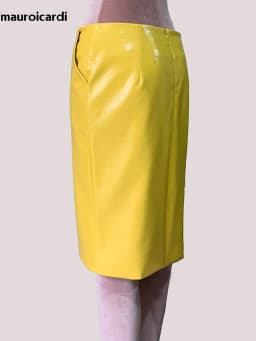 Mauroic Spring Summer Shiny Reflective Bright Yellow Faux Leather Pencil Skirt Women with Back Slit High Waist New Arrivals 2025