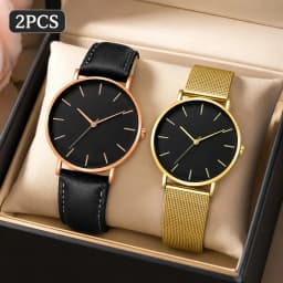 Luxury Simple Couple Watches Set 2Pcs Thin Round Dial Mesh Strap & Leather Band Quartz Wristwatches For Men Women Couple Gift