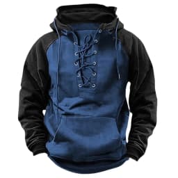 Spring And Autumn New Men's Hooded Solid Color Sweater Blue Sports Multi-Pocket Leather Sweater Tooling