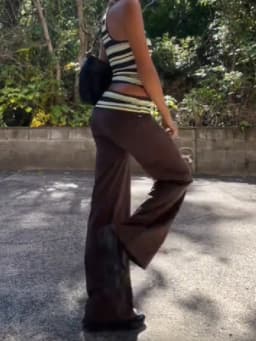 Women's Two Piece Outfit Striped Ribbed Crop Tank Top Brown Low Waist Flare Pants Y2k Sleeveless Wide Leg Trousers Matching Set