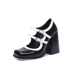 Double Breasted Oversized Sexy High Heels Glossy Patent Leather Super Chunky Heel Square Toe Breathable Cutout Pumps