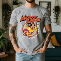 2026 Summer Mens Mighty Mouse Graphic Oversize Tee 100% Cotton Classic Cartoon Short Sleeve